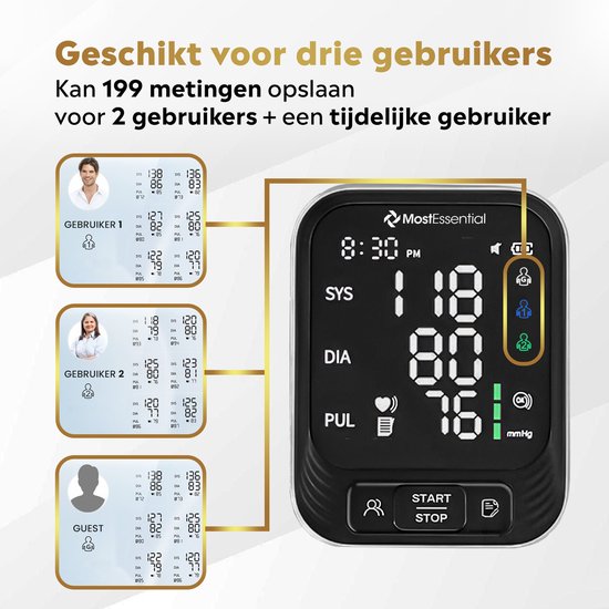 MostEssential Moniteur de pression artérielle au bras - Moniteur de fréquence cardiaque - Mémoire de 398 lectures - Câble USB-C inclus - 30S