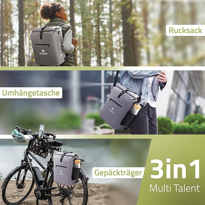 RADGEIST 3in1 sacoche vélo pour porteur - sacoche vélo étanche, extra robuste avec fermeture rapide - sac à dos vélo (25 litres) - sac à dos vélo (gris)