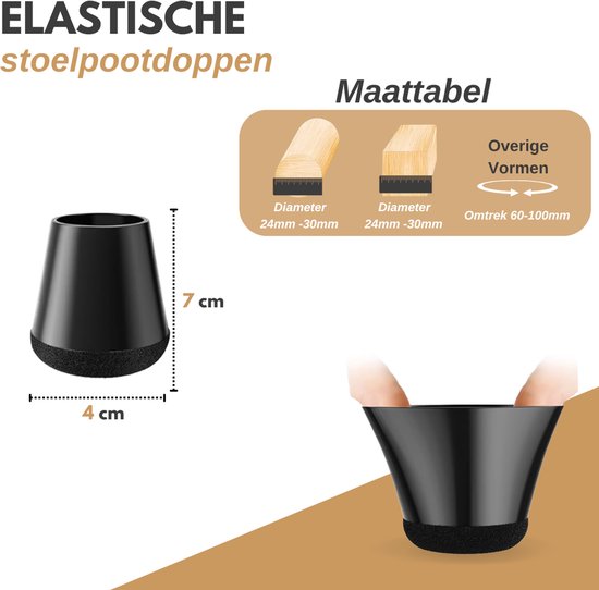 Vaive Protège-jambes de chaise rond avec feutre - 24 pièces - Protège-jambes de chaise Ø24-30 mm - Protection du sol pour les chaises - Noir