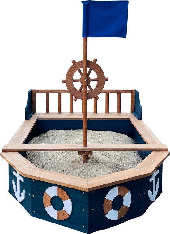 Bac à sable AXI Doris avec banc de rangement, anthracite/marron – Drapeau et barre à roue en bois – Bâche de protection et toile de sol incluses – Garantie de 10 ans !