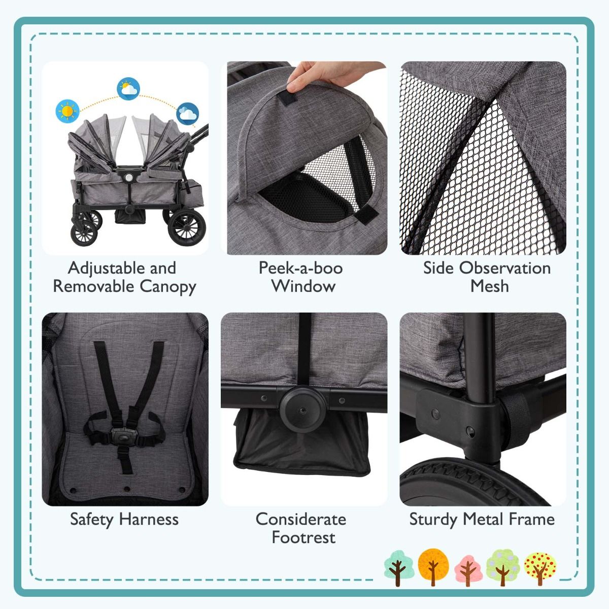 Coast 2-in-1 Foldable Geschwisterwagen - Gris - 104 x 57 x 107 cm - Poignée réglable et capuchon amovible