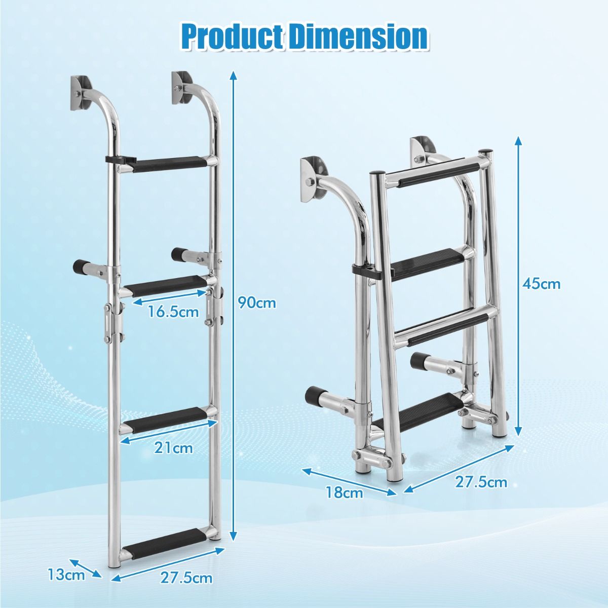 Escalier de piscine Coast avec 4 marches, pliable, acier inoxydable, 90 x 27,5 x 13 cm, argenté