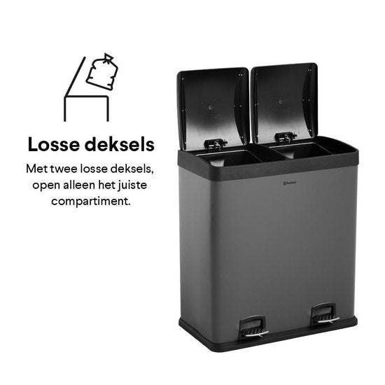 Homra NEVIQ Poubelle à tri sélectif AVEC 2 compartiments - Capacité 2 x 30 L - Poubelle à pédale duo - Gris
