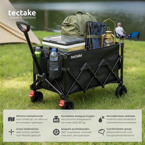 Chariot tectake® - Pliable - Capacité de charge de 80 kg - Roues pivotantes massives avec frein - 45 x 88 x 95 cm - Chariots de transport - Chariot à main - Avec poignée réglable - Chariot à main - Chariot de transport hydrofuge - Avec tablette et compart
