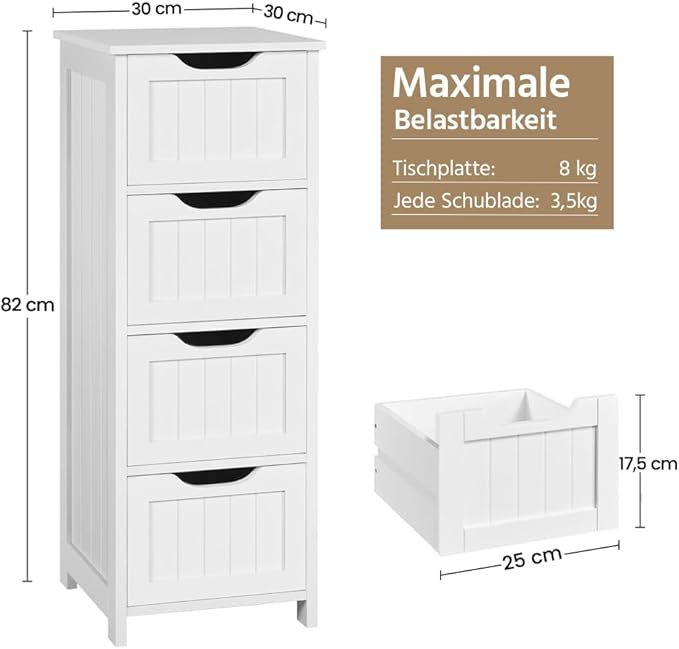 Armoire de salle de bains Yaheetech 30 x 30 x 82 cm - Blanche - Armoire de rangement sur pied à 4 tiroirs