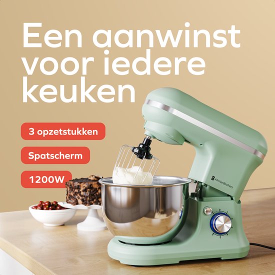 KitchenBrothers Robot de cuisine - 1200W - Robot de cuisine - 5L - Mélangeur à pain - Mélangeur avec bol - Mélangeur de cuisine - Vert pastel