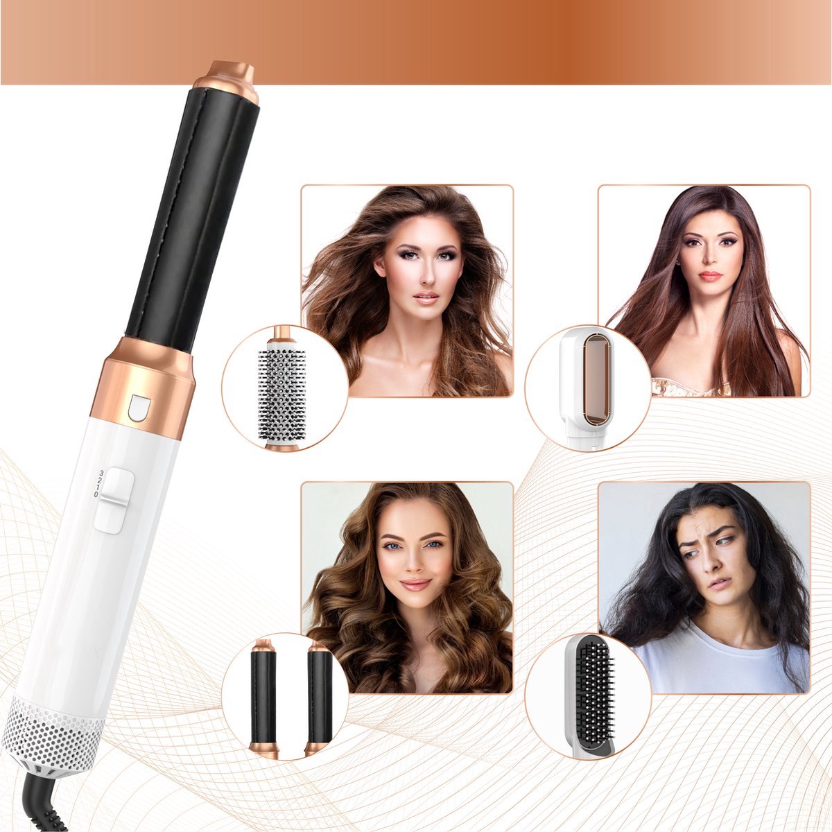 Professionals Airstyler - Appareil de coiffure 5 en 1 - Sac de voyage inclus - Brosse soufflante - Appareil de coiffure multifonction - Hairwrap - Brosse bouclante - Appareil de coiffure - Appareil de coiffure - Fer à lisser - Blanc