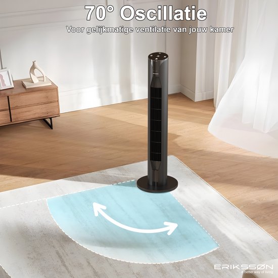 Ventilateur de tour Erikssøn - Silent Comfort Series - Ventilateur sur pied avec télécommande - Minuterie - 3 vitesses - 55W - 39 dB - 106cm - Efficace sur le plan énergétique - Ventilateur de refroidissement pour la pièce - Noir
