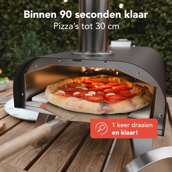 KitchenBrothers Four à Pizza - Au feu de bois - Table Top - Avec Couvercle Protecteur - Sans PFAS - Pliable - Pierre à Pizza - jusqu'à 460°C Pizza maker - Set complet - Four à Pizza pour l'extérieur - Noir/RVS
