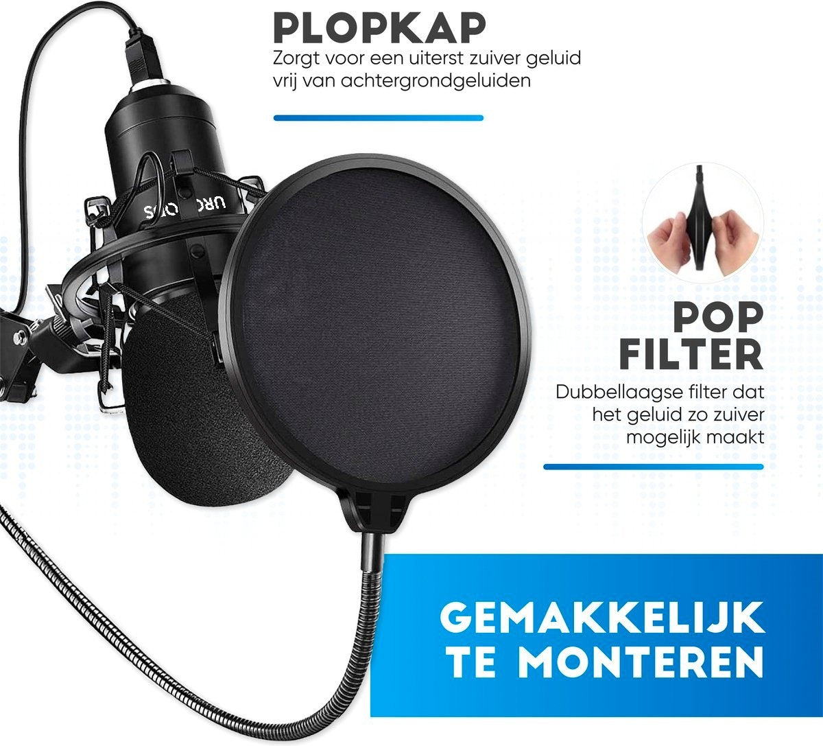 Microphone à condensateur avec bras - Gaming - Cardioïde - Microphone pour PC - USB - Avec support - Plop Cap - Filtre de bruit - Laptop - Streaming