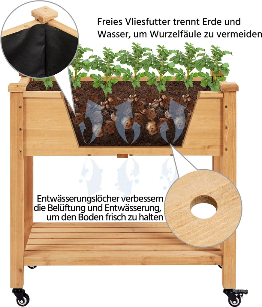 Yaheetech : bac à plantes surélevé à roulettes 87 x 47 x 83,5 cm - Marron clair - Bac de culture en bois avec étagère de rangement