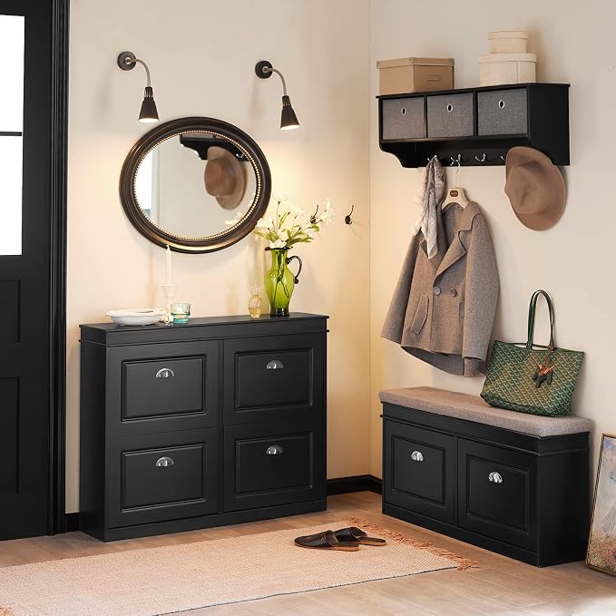 Armoire à chaussures SoBuy à 4 portes – MDF – 105 x 82 x 24 cm – Noir