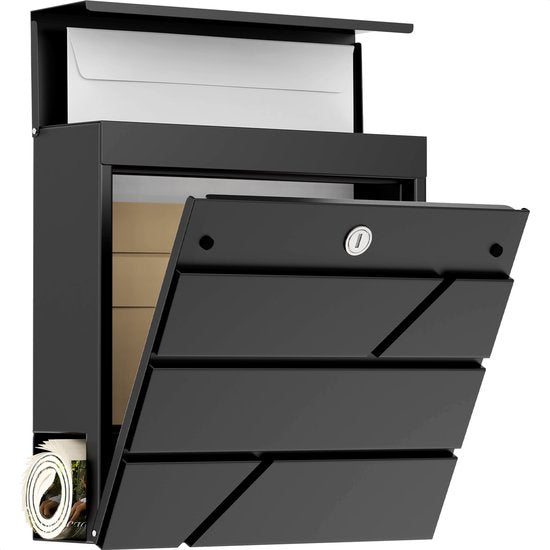 Boîte aux lettres Avalo en acier inoxydable noir avec boîte à journaux et serrure - avec matériel de montage et 2 clés