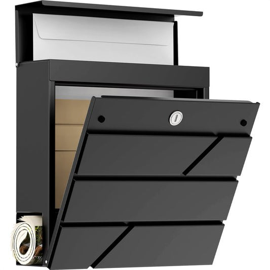 Boîte aux lettres Avalo en acier inoxydable noir avec boîte à journaux et serrure - avec matériel de montage et 2 clés