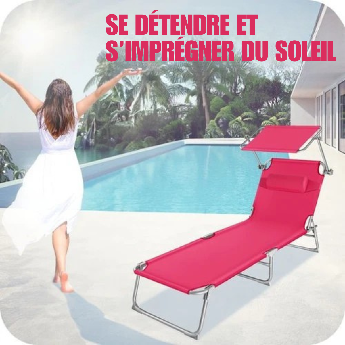 Chaise longue - Tectake® -  Réglable -  structure en acier avec parasol - dossier à 4 positions avec coussin - chaise de plage, jardin, piscine, camping - Rose - 68 x 190 x 28 cm