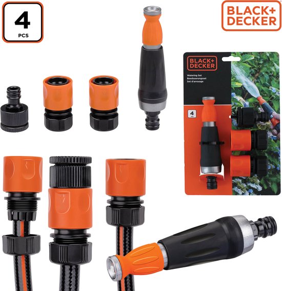 BLACK+DECKER - Lot de 4 raccords pour tuyau d'arrosage / 2x bouchon d'eau / Entretoise - Noir / Orange