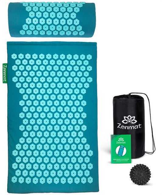 Zenmat Nail Mat with Cushion - Tapis d'acupression avec boule de massage et sac de transport - Shakti Massage - 66x40 cm - Bleu