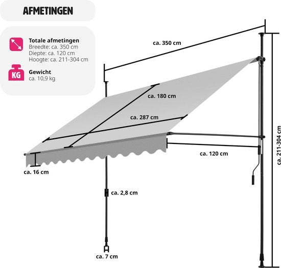 tectake - store à pinces - parasol - store - réglable - store à pinces - parasol balcon - 350 x 180 cm - gris clair - store - 404967