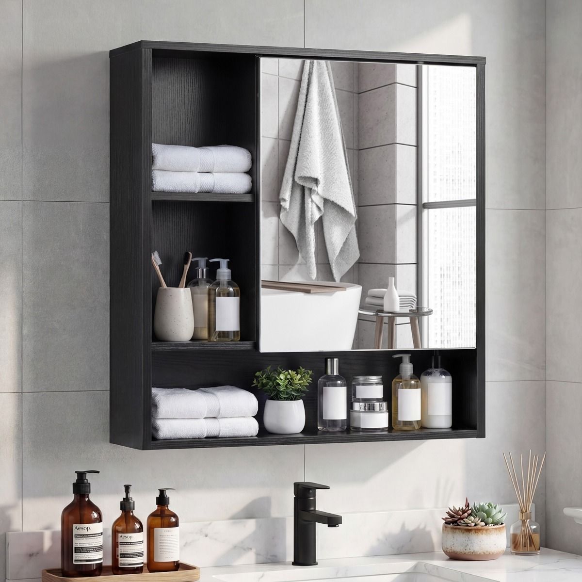 Coast : meuble de salle de bains avec miroir - Noir - 56 x 16 x 61 cm