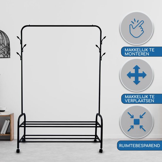 Vonia Rack à vêtements 157 x 34 x 105 cm - Rack à vêtements sur roulettes - Rack à vêtements avec porte-chaussures - Rack à vêtements en métal - Rack de penderie - Noir