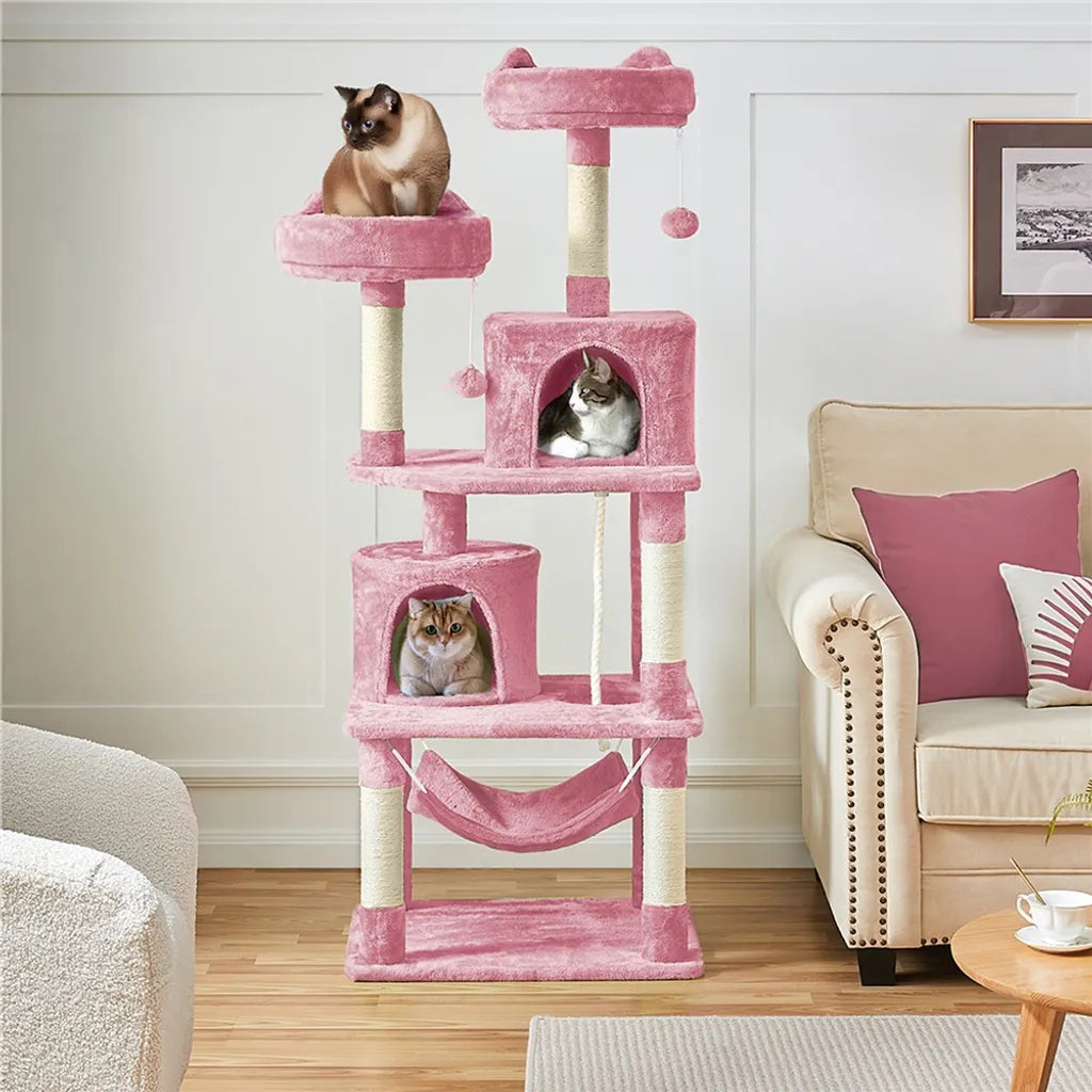 Arbre à chat Yaheetech 158 cm - Rose - Arbre à chat avec 2 grottes, un hamac et des poteaux en sisal