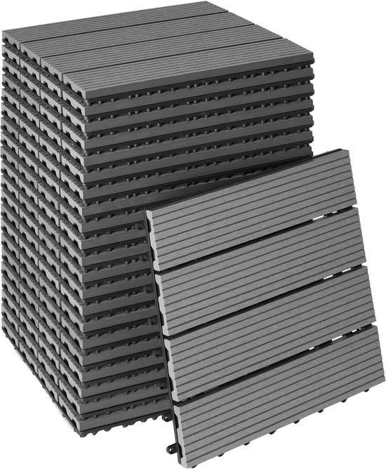tectake® WPC wood tiles - Dalles aspect bois - Résistant aux intempéries - Sol extérieur - Dalles de sol - Sol de balcon - Dalles de terrasse avec système click - Drain - Lot de 22 - Gris