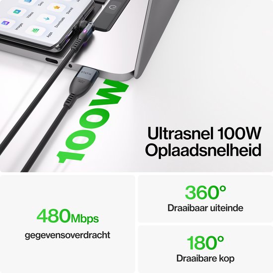 Câble USB-C vers USB-C Statik PowerPivot Pro, 2 m - 100 W - Transfert de données à 480 Mbps - Tressé en nylon - Noir