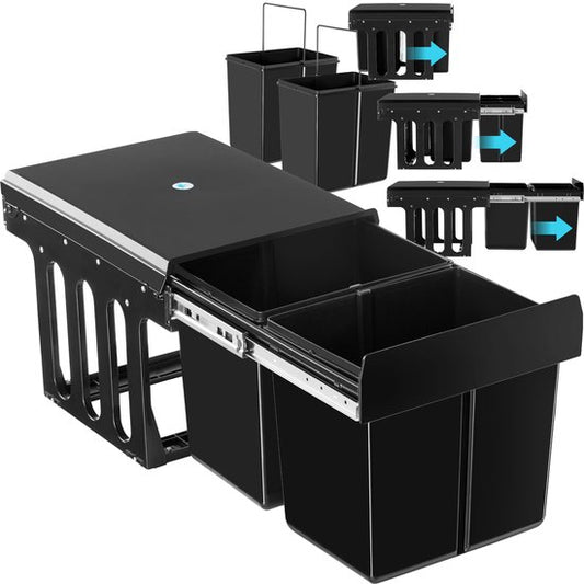 tectake® Collecteur de déchets - Poubelle encastrée - Séparation multiple des déchets - Solution de rangement efficace pour la cuisine et le bureau - Poubelle double avec rails télescopiques - 2x 15L