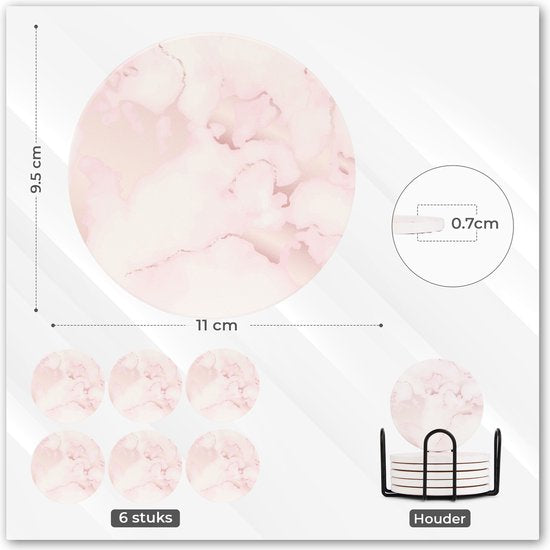 Castagnola Sous-verres en céramique avec support - Sous-verres pour verres - Sous-verres design - Sous-verres - Sous-verres à boire - Céramique - Liège - Lot de 6 - Rose/Blanc