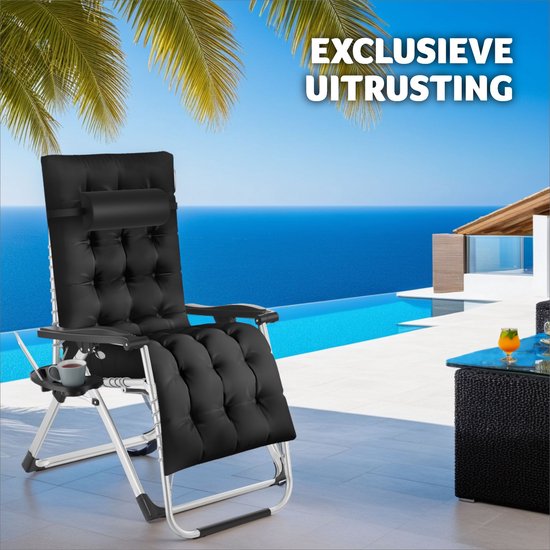 Chaise longue pliante, Tectake®, Chaise longue de jardin, Avec coussin, Chaise longue inclinable, Noir
