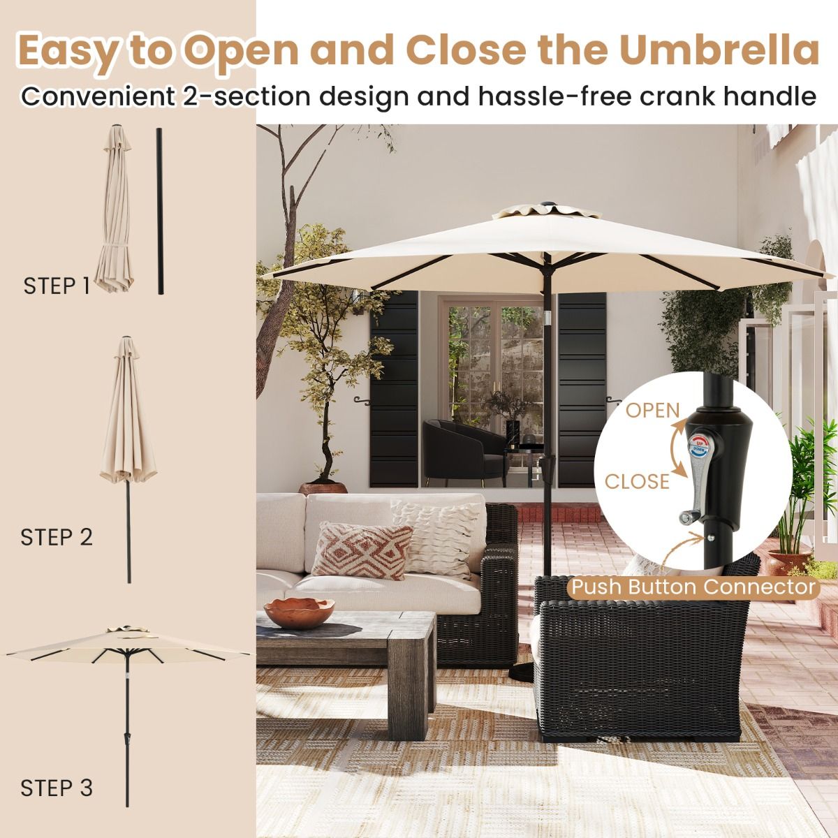 Coast Terrace Parasol 303 cm Beige - Parasol inclinable avec manivelle, 8 balais et double toit pour jardin, terrasse ou piscine