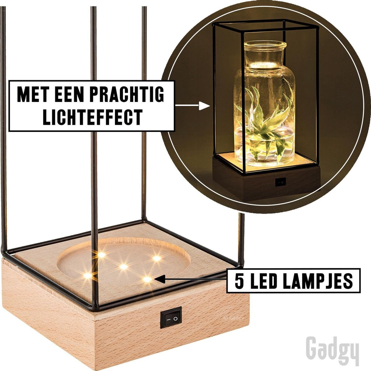 Gadgy Vase avec éclairage LED - Vase lampe - Vase en verre avec lampe - Cadeau de fête des mères - Hydroponique - Fonctionne avec des piles - Lampe de table - Ø11cm