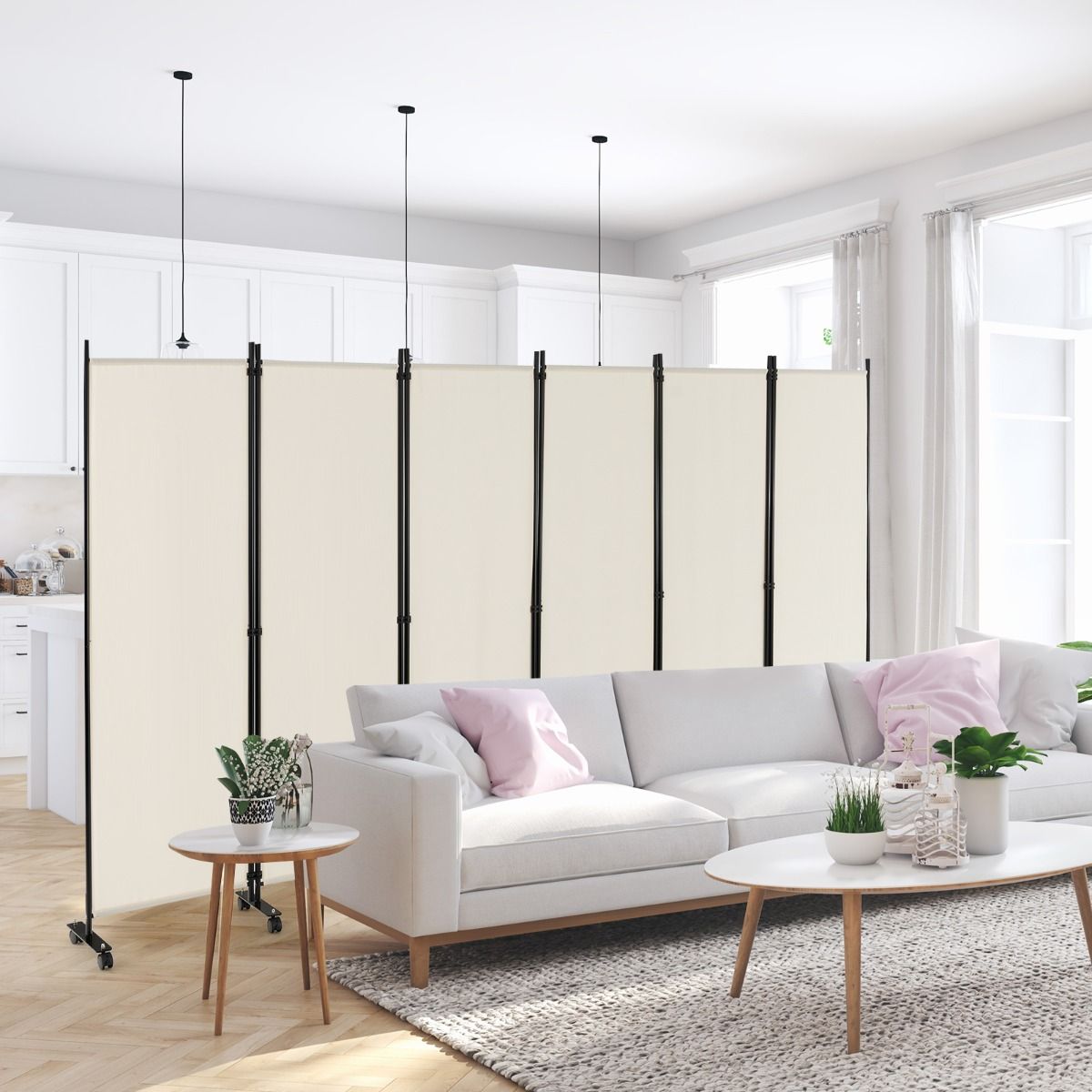 Paravent pliable Coast à 6 panneaux avec roulettes verrouillables - Blanc - 334,5 x 172 cm