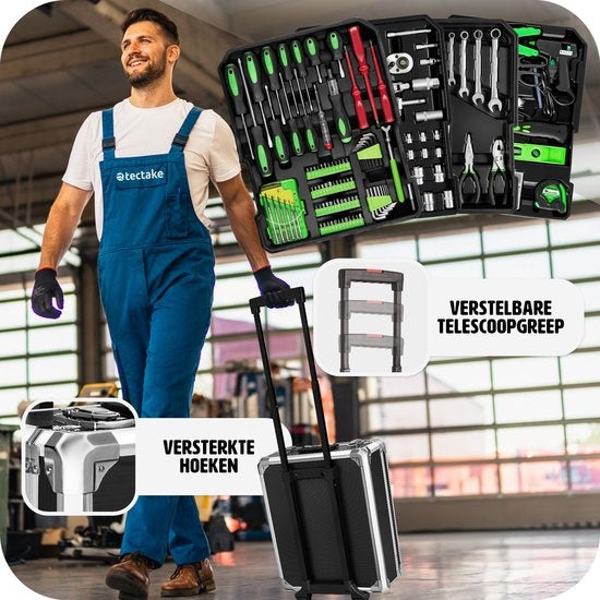 tectake® tool case, tool set, tool case filled 1200-piece, tool trolley, 4-level tool box, aluminium case with wheels and telescopic handle - black