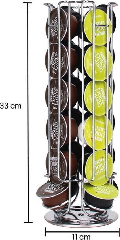 Zindoo Porte-capsules à café - Support pour tasses à café - 24 tasses - Capsule - Dolce Gusto - Rotatif - Café - Espresso - Support en métal - Antidérapant - Distributeur de tasses - Organisateur de blocs - Argent - Porte-capsules à café