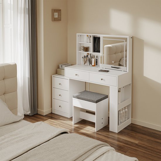Bureau SoBuy avec miroir LED 120 x 40 x 127 cm - Blanc - 5 tiroirs - 1 porte