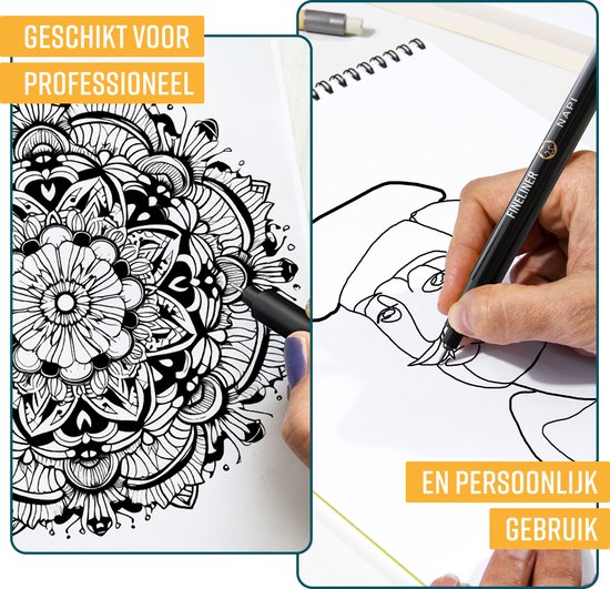 NAPI 10 Fineliners Noirs avec Stylo Pinceau et Règle - 0.2 à 3mm - Stylos Noirs - Accessoires Bullet Journal - Set de stylos à dessin