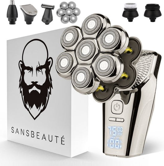 Rasoir électrique 6-en-1 - Sansbeauté® - Lames rotatives 7D - Rasage tête, visage et corps - Étanche IPX6 - Accessoires & lame de rechange inclus