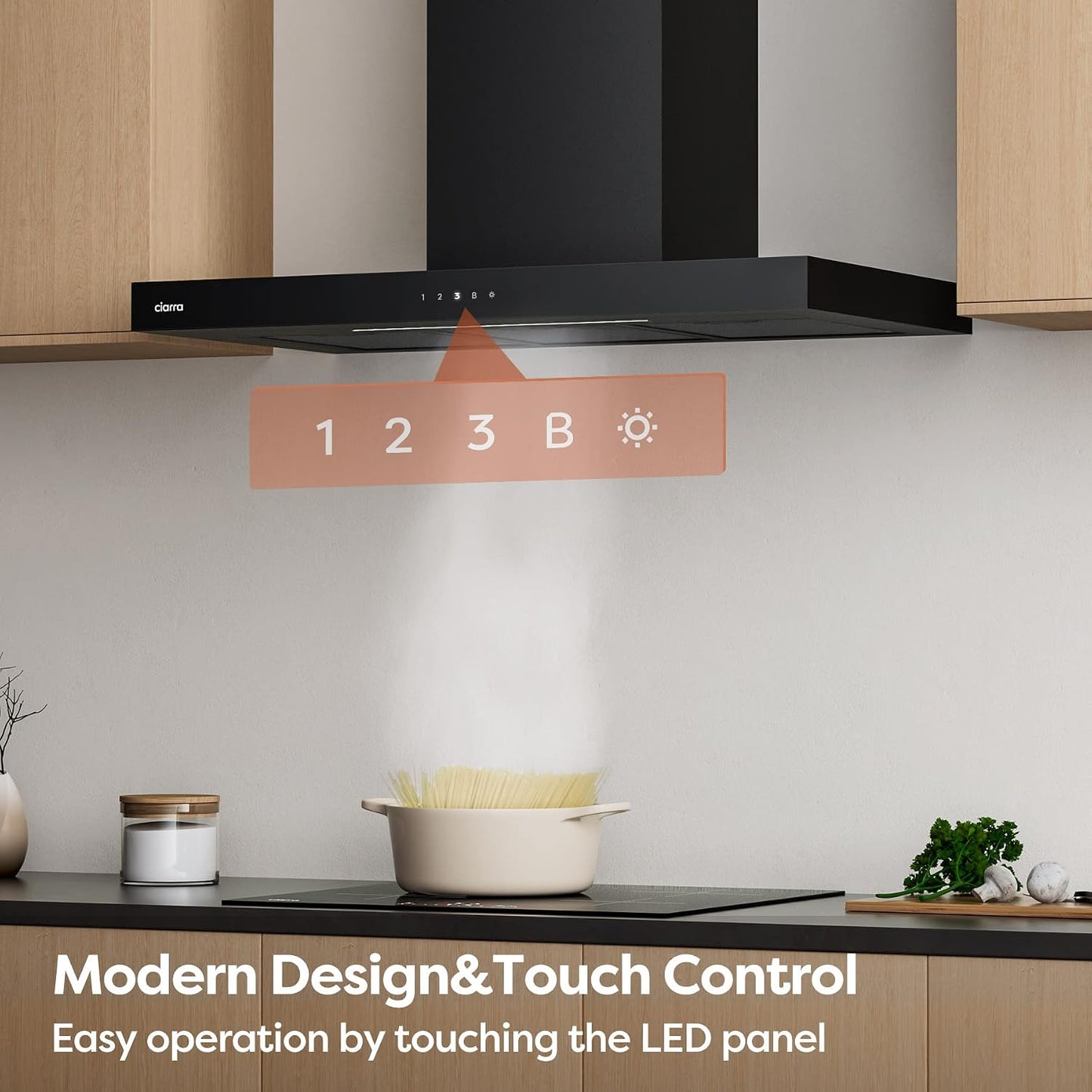Ciarra CBCB9102 Hotte aspirante 90 cm - 650 m³/h - 4 vitesses avec fonction « Booster » - Wi-Fi et commande tactile - Recirculation - Noir