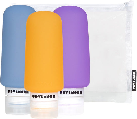 TRVLMORE Bouteilles de voyage en silicone - rechargeables - bagage à main - 100 ML - 3 pièces - Orange/Pourpre/Bleu
