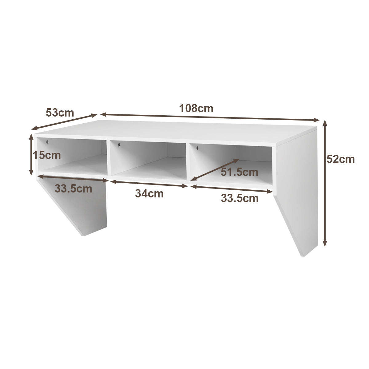 Bureau d'ordinateur Coast pour fixation murale - 3 compartiments ouverts - capacité de charge de 20 kg - 108 x 53 x 52 cm - blanc
