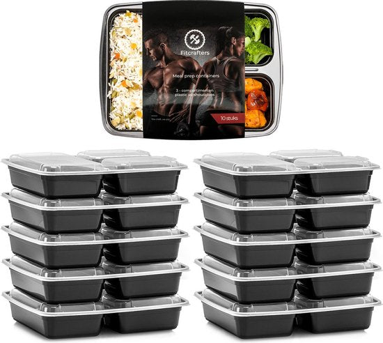 Fitcrafters Meal Prep Trays - Plateaux fraîcheur - Plateaux congélation - 10 pièces - 3 compartiments - 1L - sans BPA