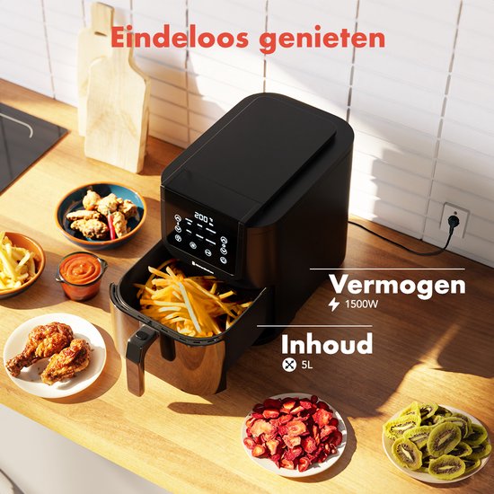 KitchenBrothers Airfryer XL - 5L - 1500W - Friteuse à air chaud - 60ºC à 200ºC - Petit design - Extra silencieux - 6 Programmes de cuisson - Noir