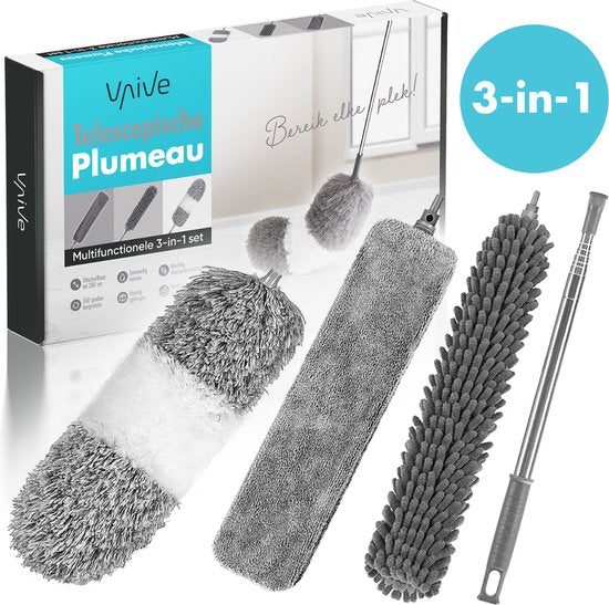VAIVE Pelle à poussière extensible à 280 cm - Boule de rage avec manche télescopique - Plumeau - Dépoussiéreur - Lavable et rotatif - 3 accessoires