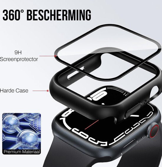 Coque adaptée à l'Apple Watch Series 7 / 8 / 9 - Protection d'écran 45 mm - 2 pièces - Coque rigide complète - Noir - Podec