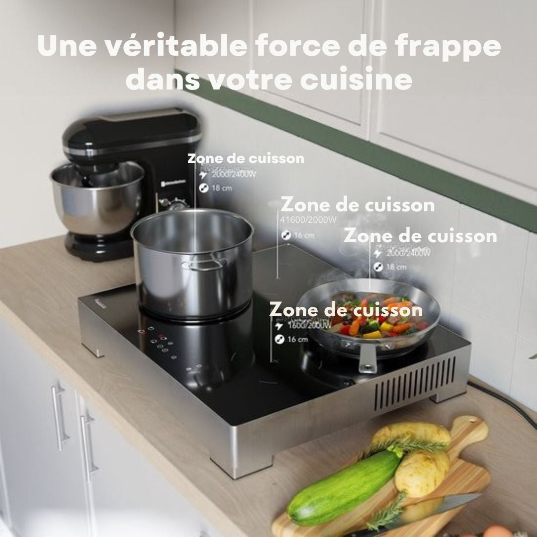 Table de cuisson à induction KitchenBrothers - autoportante - 60 cm - 4 zones - 1 phase - jusqu'à 2400W - Argent/RVS