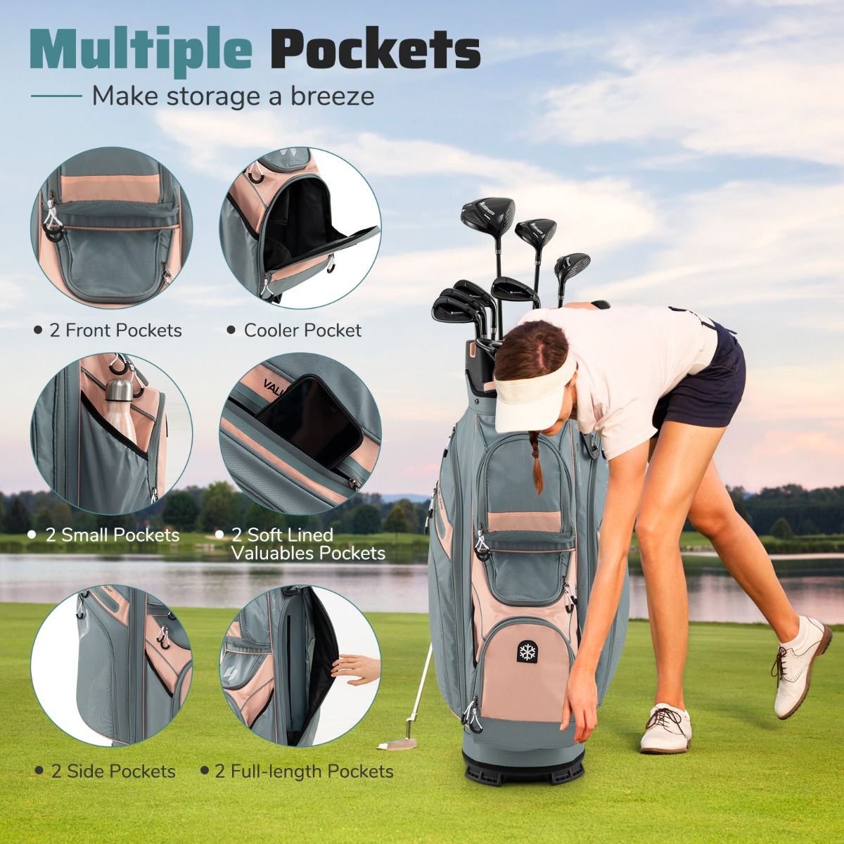 Sac de golf Coast - 14 compartiments - 11 poches de rangement - gris + orange