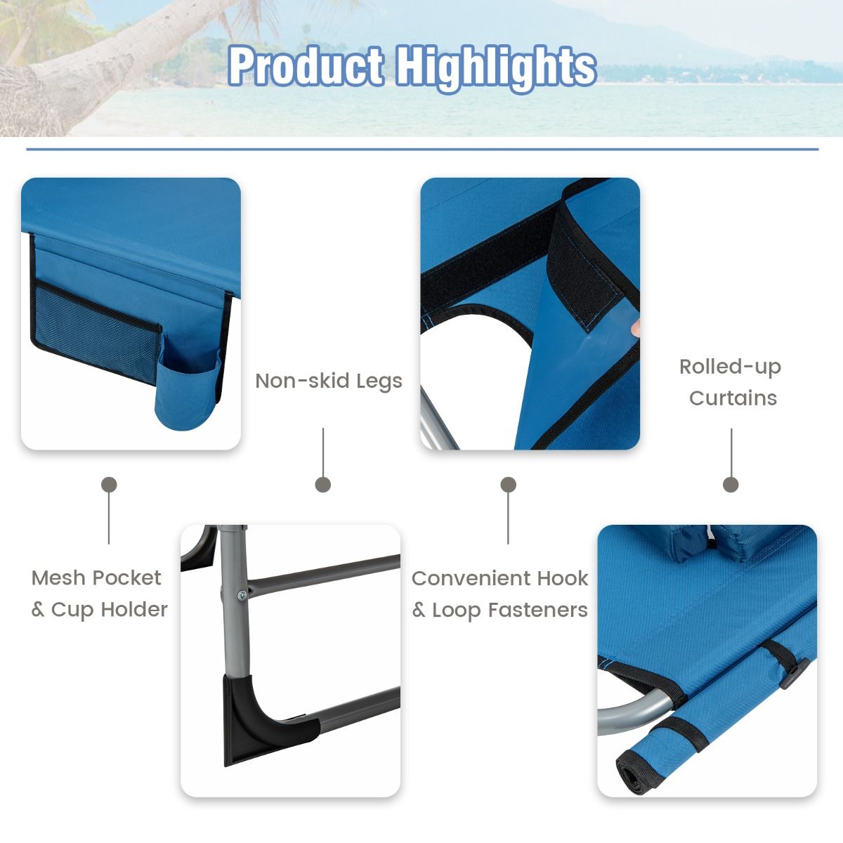 Bain de soleil COAST avec ouverture faciale - pliable - 193 x 60 x 34 cm - bleu