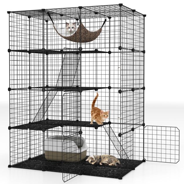 Cage à chat spacieuse à 4 étages de 143 cm de haut - Cage en métal noir avec hamac, étagères et échelles pour chats et petits animaux de compagnie