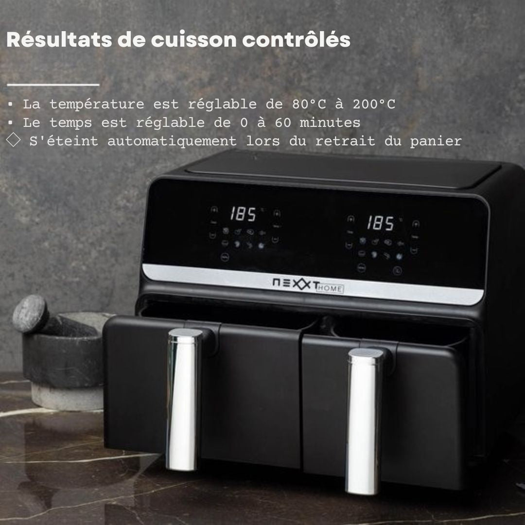Double Airfryer XXL Nexxt Digital - Friteuse à air chaud avec écran tactile - Capacité 5,5 + 3,5 litres - 8 programmes de cuisson - Noir